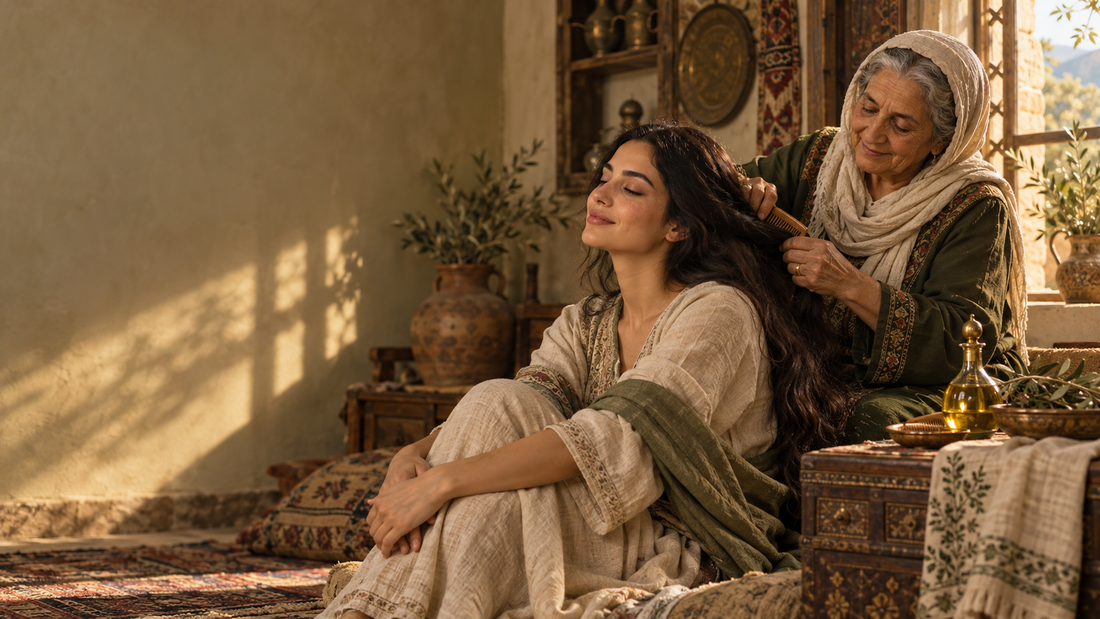 Middle Eastern woman sitting peacefully while her grandmother gently brushes